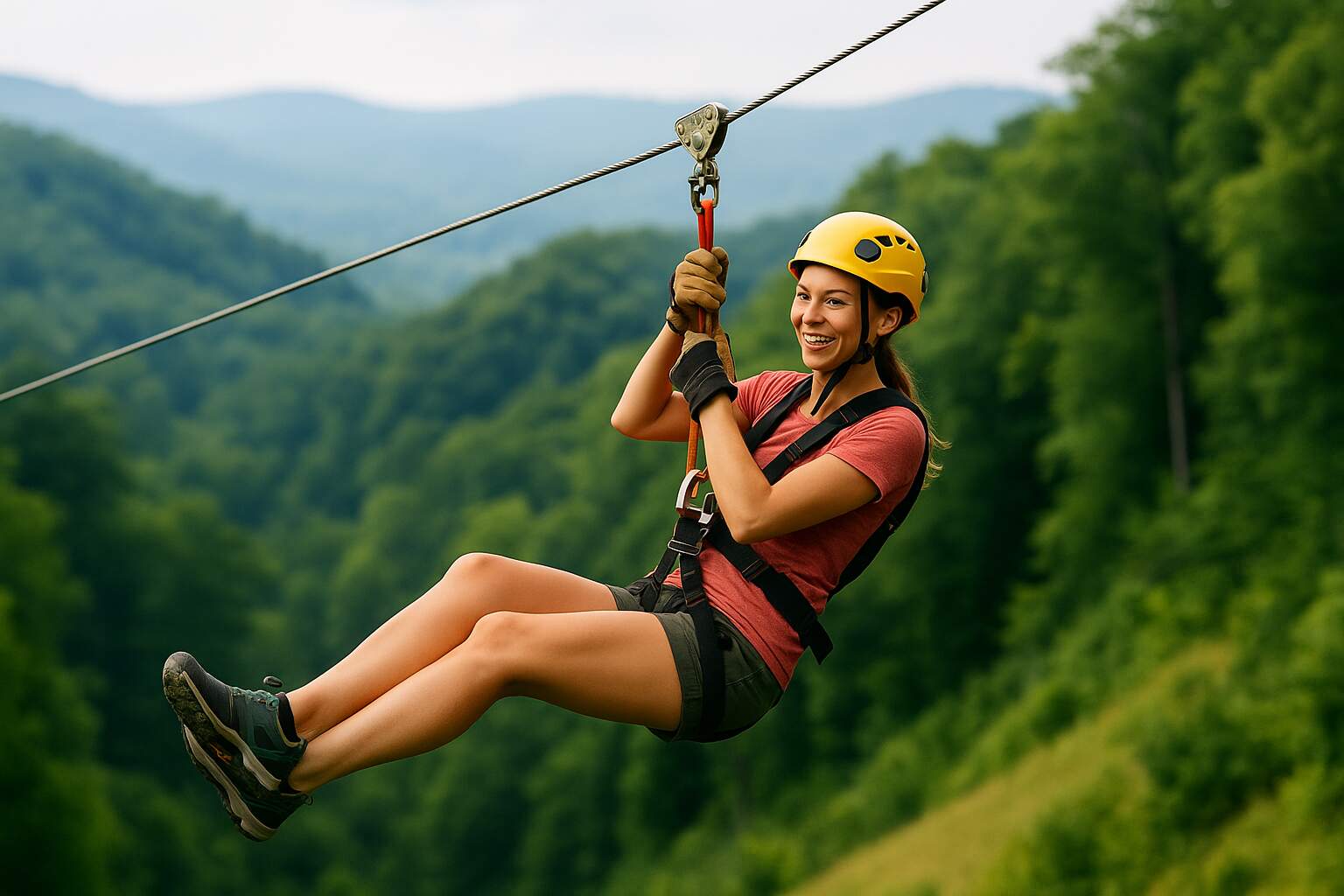 A smiling woman ziplining through a lush green forest, wearing a yellow helmet, red shirt, and harness, with scenic hills and trees in the background.