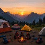 A mountain campsite at sunset with different camping outdoor tents including CORE Instant Tent, Coleman Sundome, and lightweight backpacking tents.