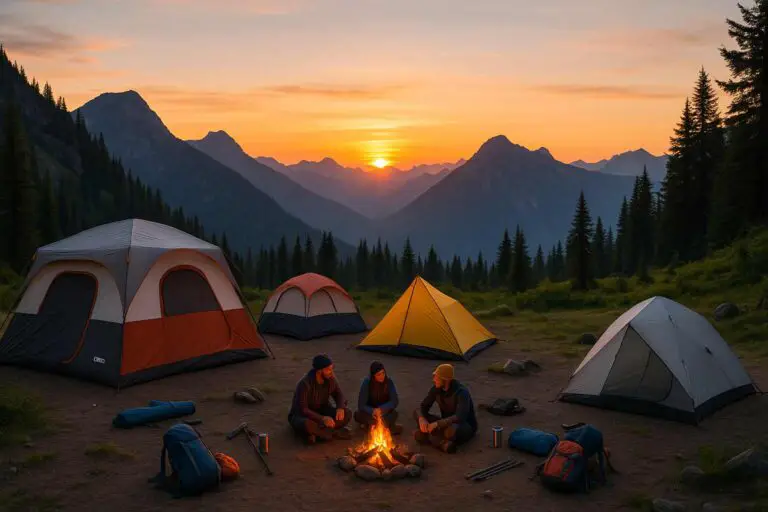 A mountain campsite at sunset with different camping outdoor tents including CORE Instant Tent, Coleman Sundome, and lightweight backpacking tents.
