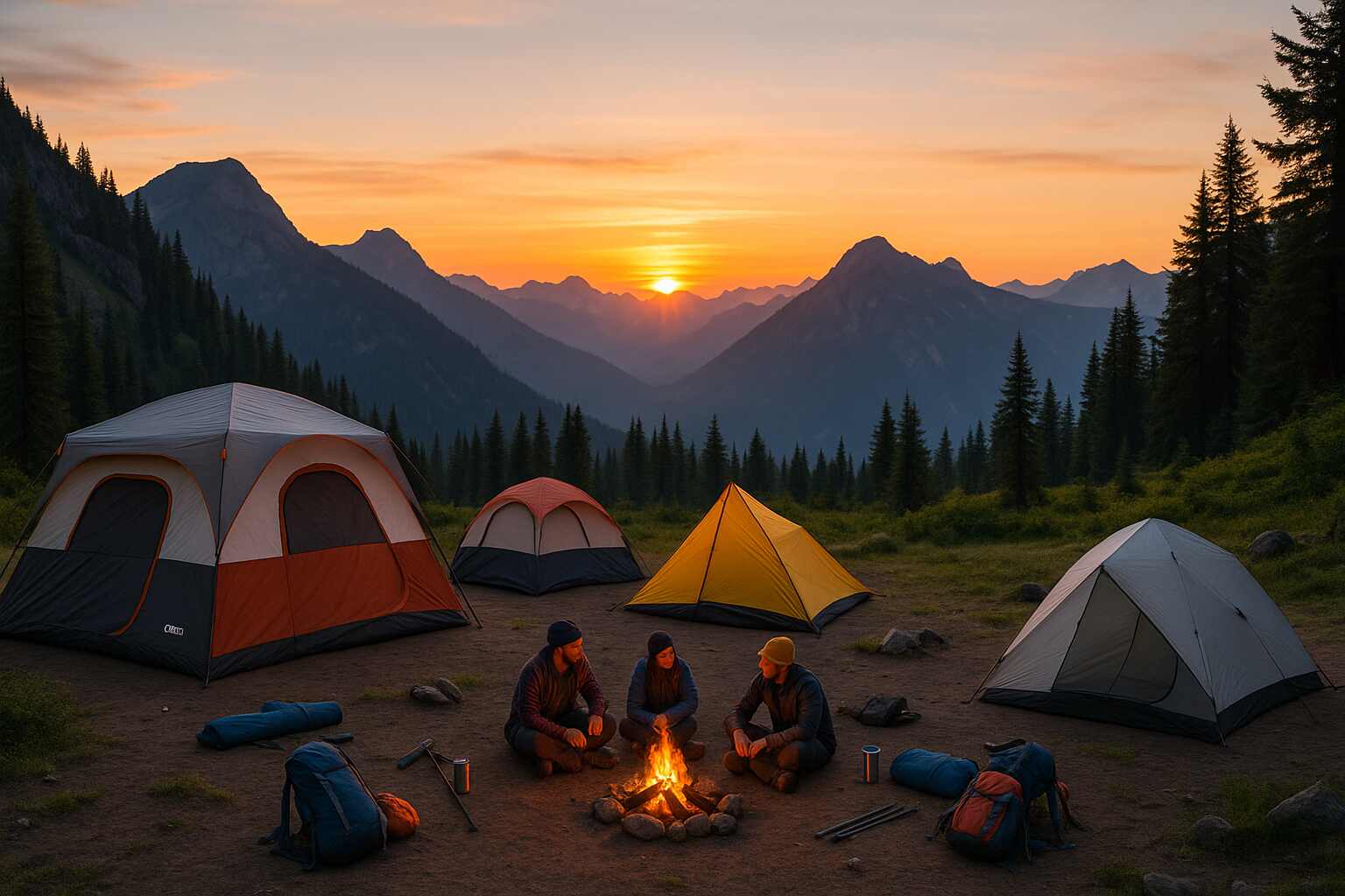 A mountain campsite at sunset with different camping outdoor tents including CORE Instant Tent, Coleman Sundome, and lightweight backpacking tents.