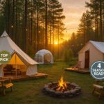 Luxury glamping tents set in a forest at sunrise, with bell, dome, and wall tents on platforms labeled Top Pick and 4-Season Ready.