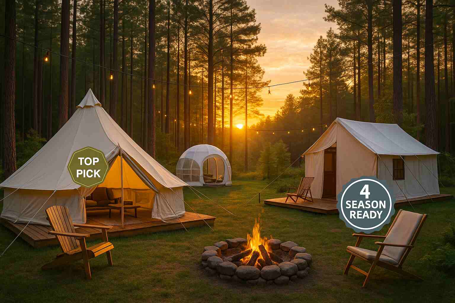 Luxury glamping tents set in a forest at sunrise, with bell, dome, and wall tents on platforms labeled Top Pick and 4-Season Ready.
