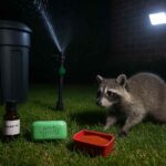 A raccoon startled by a motion-activated sprinkler and bright light, surrounded by raccoon repellents like Irish Spring soap, cayenne pepper, and peppermint oil.