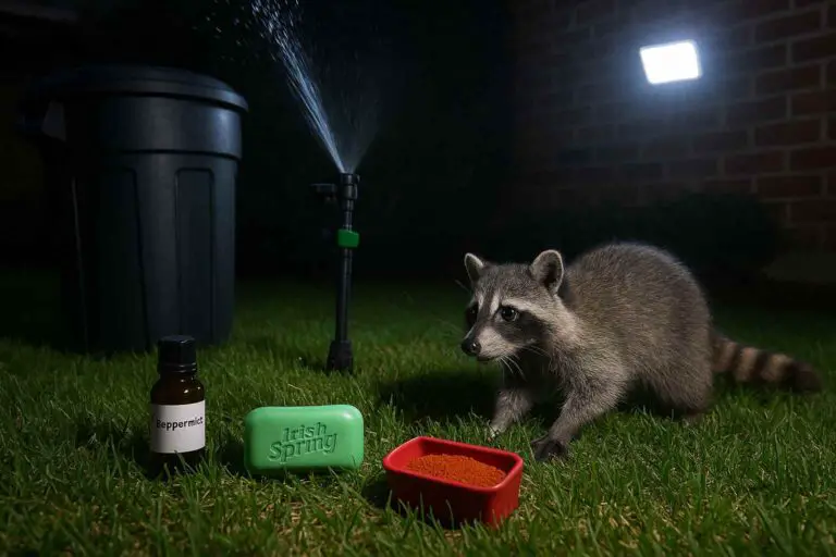 A raccoon startled by a motion-activated sprinkler and bright light, surrounded by raccoon repellents like Irish Spring soap, cayenne pepper, and peppermint oil.
