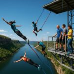 Various types of bungee jumping styles including Swallow Dive, Catapult, and Water Touchdown against a scenic sky and river background.