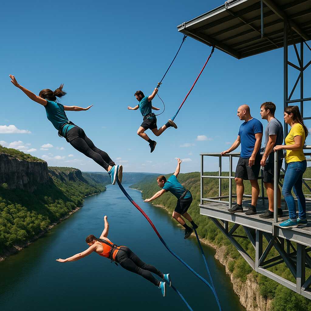 Various types of bungee jumping styles including Swallow Dive, Catapult, and Water Touchdown against a scenic sky and river background.