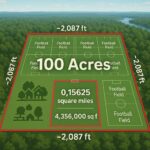 A 100-acre plot visualized from above with area comparisons using football fields and measurements in feet and miles.