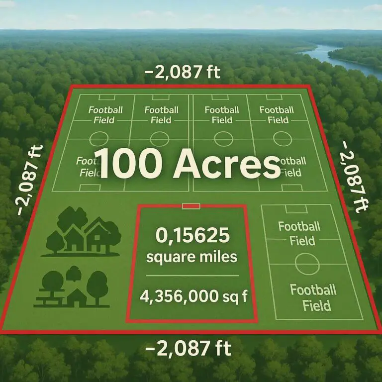 A 100-acre plot visualized from above with area comparisons using football fields and measurements in feet and miles.