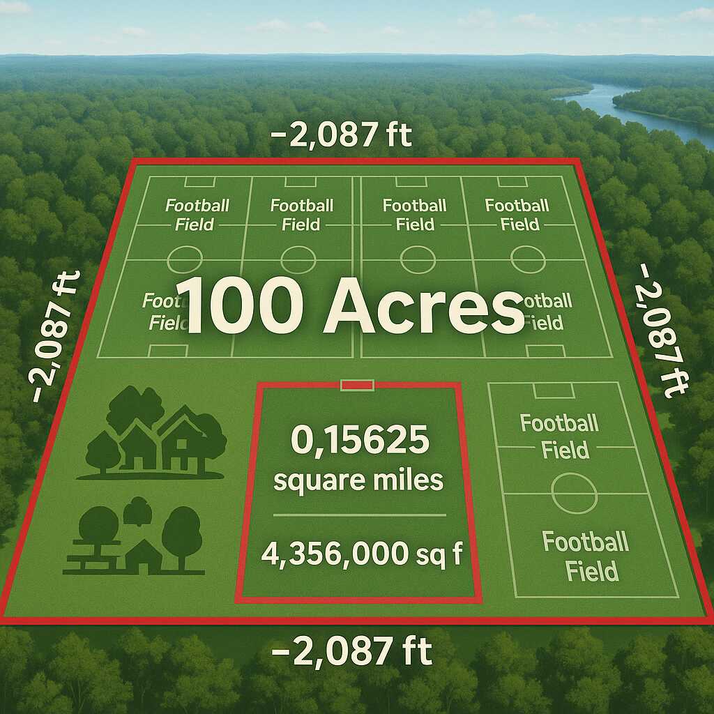 A 100-acre plot visualized from above with area comparisons using football fields and measurements in feet and miles.