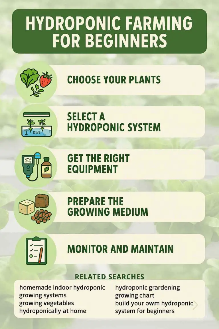 Flat-style infographic titled "Hydroponic Farming for Beginners" with a green leafy background. The image features five illustrated steps for starting a hydroponic garden: choose your plants (with icons of lettuce and strawberries), select a hydroponic system (icon of NFT setup), get the right equipment (pH meter and nutrients), prepare the growing medium (rockwool, clay pellets, coco coir), and monitor and maintain (checklist icon). At the bottom, a box lists related search terms like "homemade indoor hydroponic systems" and "growing vegetables hydroponically at home.