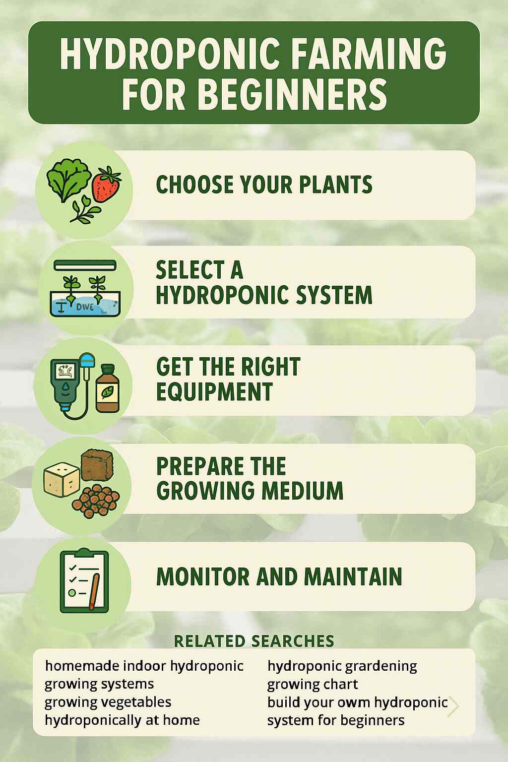 Flat-style infographic titled "Hydroponic Farming for Beginners" with a green leafy background. The image features five illustrated steps for starting a hydroponic garden: choose your plants (with icons of lettuce and strawberries), select a hydroponic system (icon of NFT setup), get the right equipment (pH meter and nutrients), prepare the growing medium (rockwool, clay pellets, coco coir), and monitor and maintain (checklist icon). At the bottom, a box lists related search terms like "homemade indoor hydroponic systems" and "growing vegetables hydroponically at home.