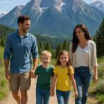 Happy family of four walking along a scenic trail with mountain views in the background, children smiling and holding hands with parents.