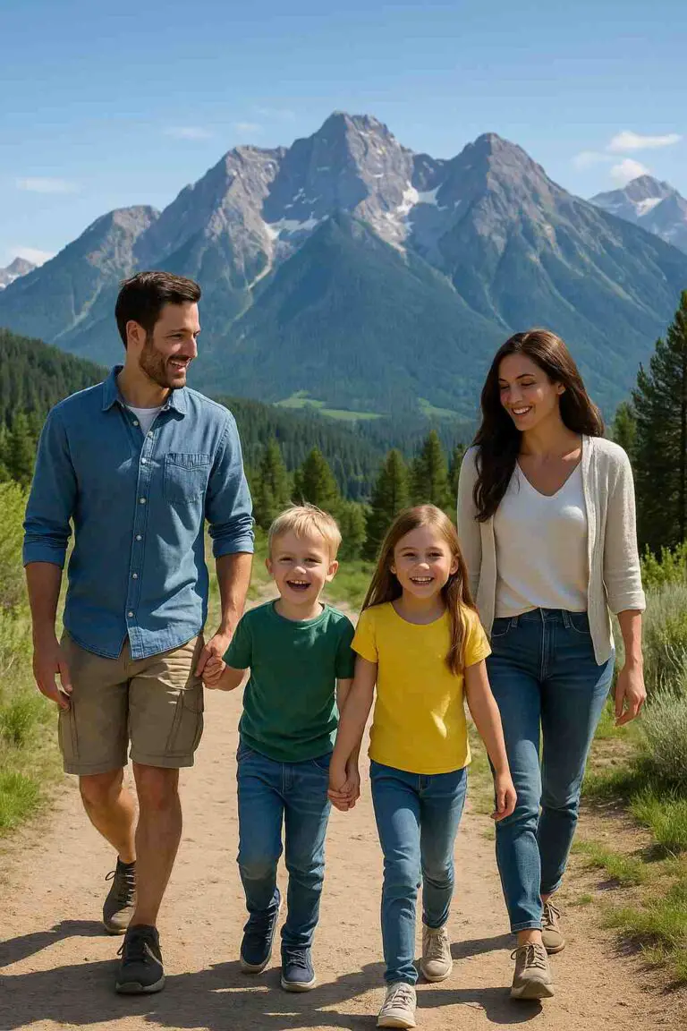Happy family of four walking along a scenic trail with mountain views in the background, children smiling and holding hands with parents.