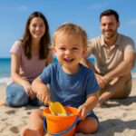 A smiling toddler playing with a bucket and shovel in the sand, with two parents nearby on a sunny beach vacation; clear blue sky and ocean in the background.