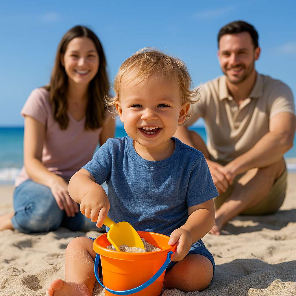 A smiling toddler playing with a bucket and shovel in the sand, with two parents nearby on a sunny beach vacation; clear blue sky and ocean in the background.