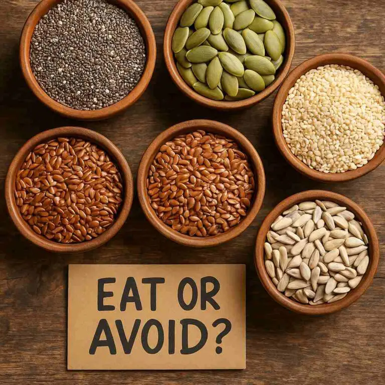 Edible seeds like chia, pumpkin, and sunflower in bowls labeled 'Eat or Avoid' on a rustic wood background.