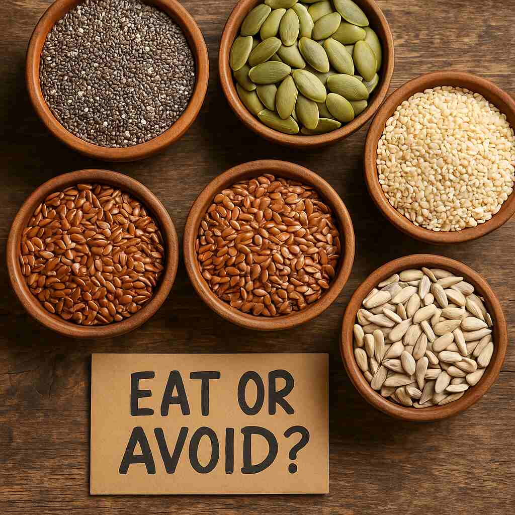 Edible seeds like chia, pumpkin, and sunflower in bowls labeled 'Eat or Avoid' on a rustic wood background.