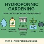 Flat-style infographic titled "Hydroponic Gardening – What Is Hydroponic Gardening?" on a green background, featuring six illustrated icons: a water droplet, nutrient solution bottle, LED grow light system with arrows, a grow tray with seedlings, a plant with exposed roots in water, and an air pump, clearly labeled to explain the key elements of hydroponic gardening.