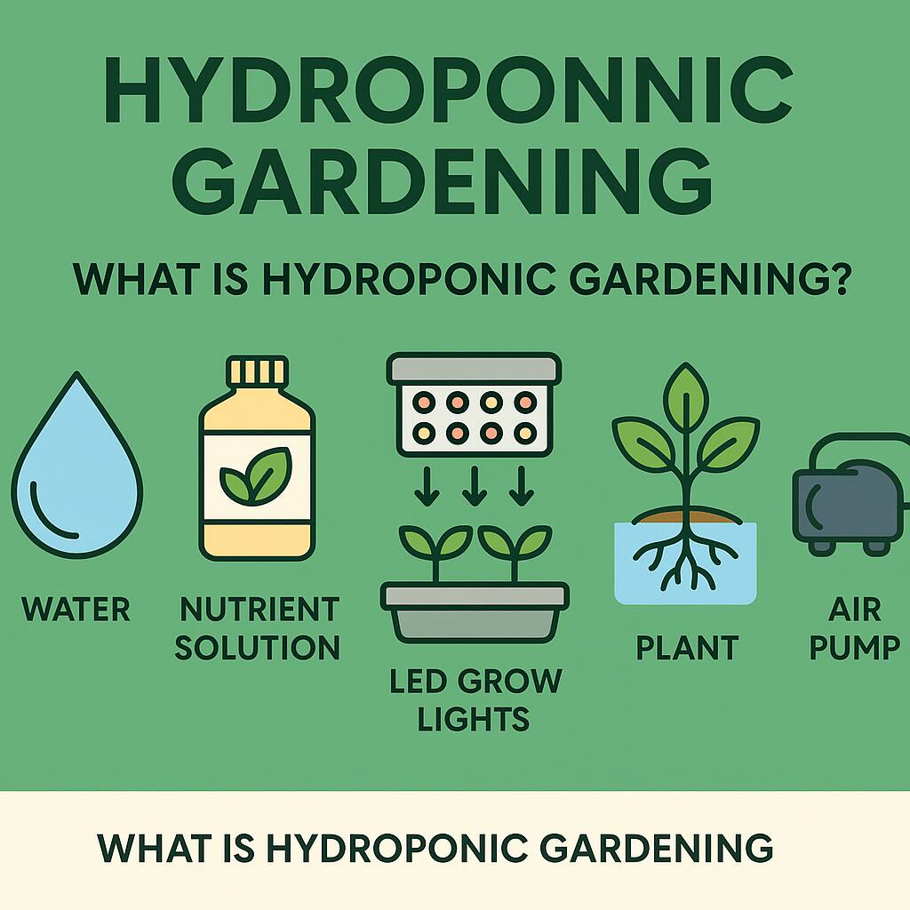 Flat-style infographic titled "Hydroponic Gardening – What Is Hydroponic Gardening?" on a green background, featuring six illustrated icons: a water droplet, nutrient solution bottle, LED grow light system with arrows, a grow tray with seedlings, a plant with exposed roots in water, and an air pump, clearly labeled to explain the key elements of hydroponic gardening.