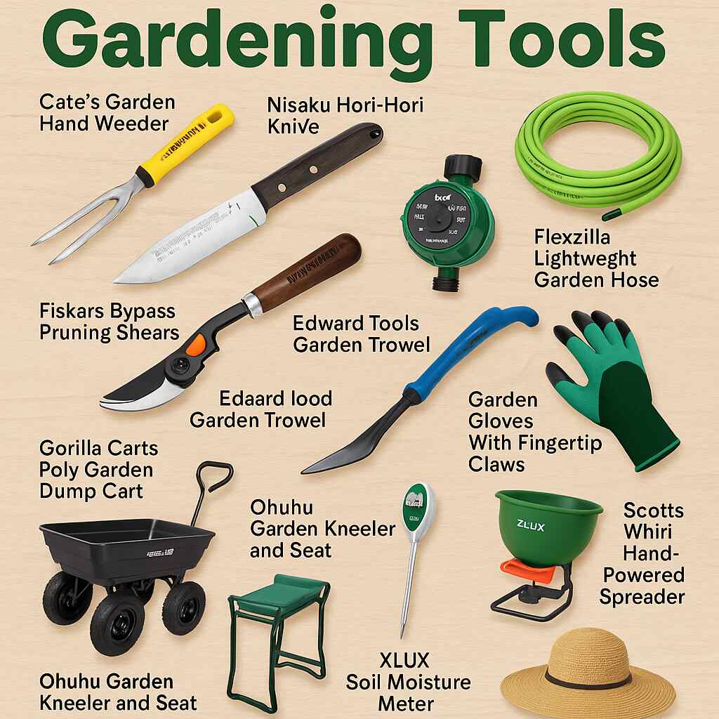 Digital graphic titled "Gardening Tools" displaying various garden tools on a light wooden surface, including a hand weeder, Hori Hori knife, pruning shears, garden trowel, hose timer, green garden hose, dump cart, kneeler and seat, soil moisture meter, hand-powered spreader, gloves with claws, and a sun hat—all clearly labeled and arranged for easy identification.