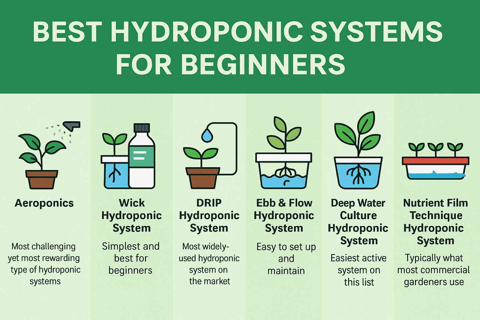 Informational graphic titled "Best Hydroponic Systems for Beginners" displaying six hydroponic systems—Aeroponics, Wick, Drip, Ebb & Flow, Deep Water Culture, and Nutrient Film Technique—each represented with a simple flat-style illustration and a short description highlighting their ease of use and suitability for new growers, set against a green background.