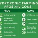 Flat design infographic titled "Hydroponic Farming Pros and Cons" with two side-by-side columns. The left column, labeled "Pros," lists benefits such as vertical farming, accelerated growth rates, water conservation, space efficiency, sustainability, and year-round cycles, each with a green icon. The right column, labeled "Cons," includes initial setup costs, power outages, learning curve, comparative plant growth, and sustainability concerns, each represented with minimalist white icons. The background is green for a clean, eco-focused theme.