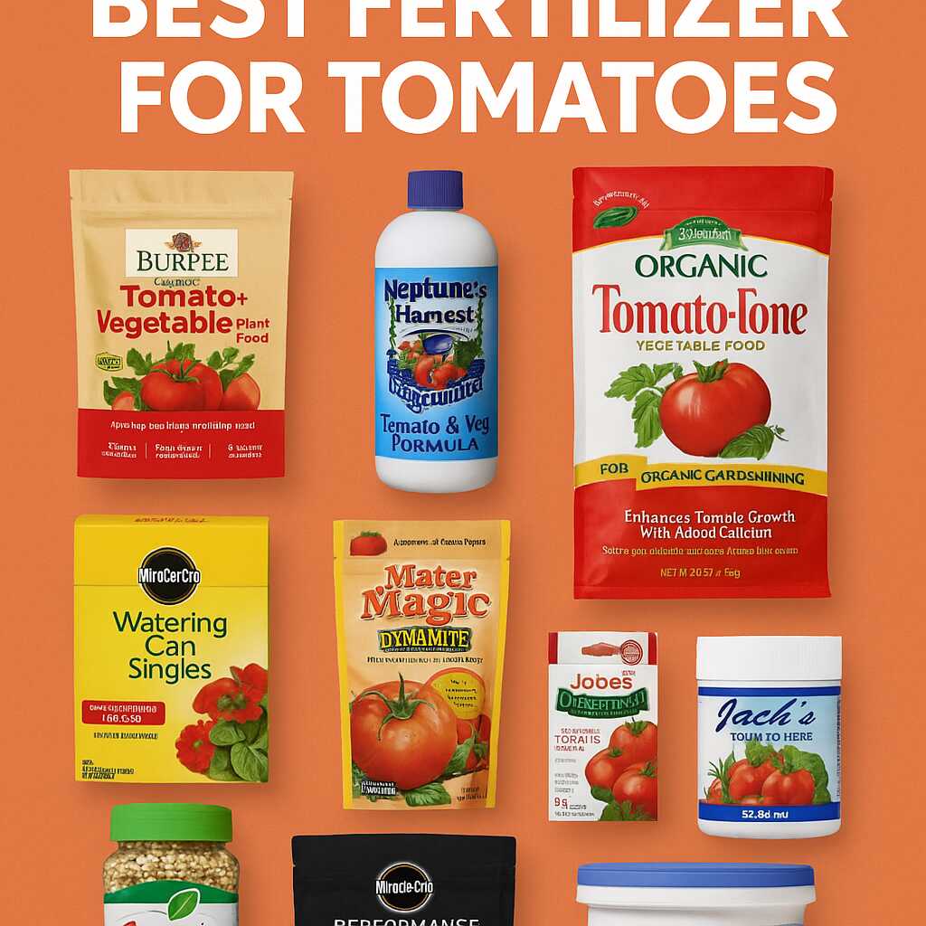 A digital graphic displaying nine top-rated tomato fertilizers against a warm orange background with the title 'Best Fertilizer for Tomatoes' in bold white text.