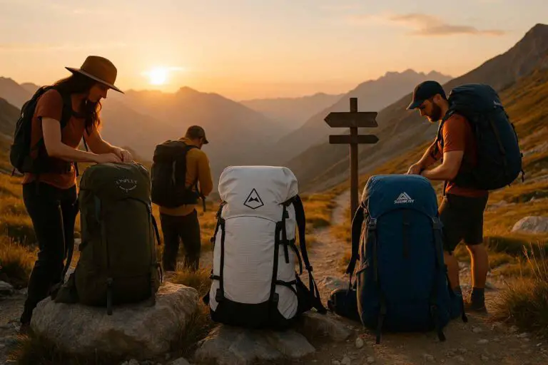 Backpackers adjusting gear at sunrise on a scenic mountain trail, showcasing Osprey, Hyperlite, and Gregory packs with visible trail signs and gear strapped in.