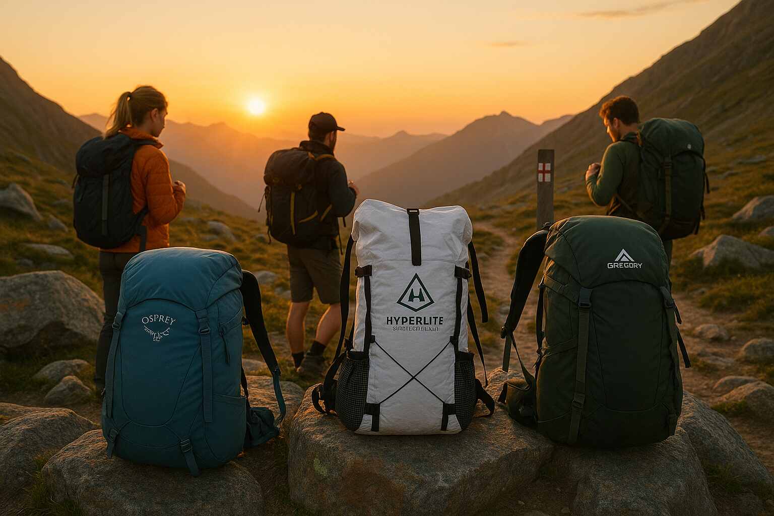 Three hikers prepare for a sunrise trek in mountain terrain, with Osprey, Hyperlite, and Gregory backpacks resting on rocks and worn by trekkers. A trail marker and layers of mountains are visible in the warm morning light.
