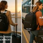 Two women travelers using stylish travel backpacks—one standing at an airport terminal with a TUMI backpack, and the other boarding a train with LOVEVOOK and MATEIN backpacks. Anti-theft zippers and organized compartments are highlighted, with visible travel labels.