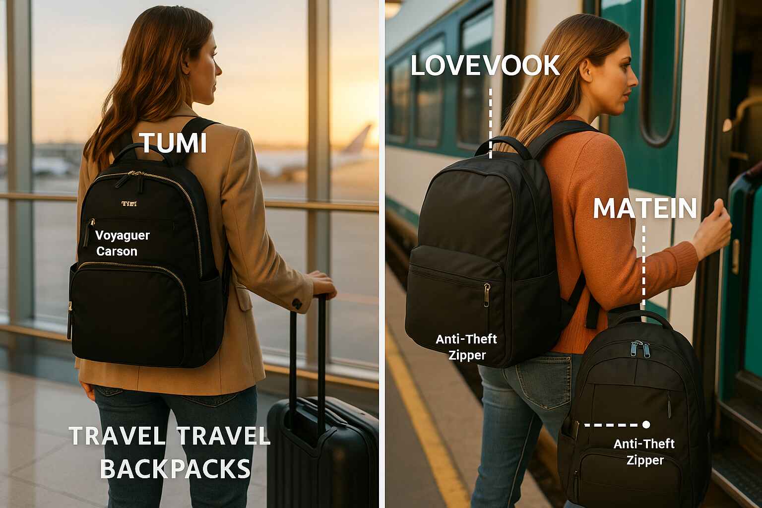Two women travelers using stylish travel backpacks—one standing at an airport terminal with a TUMI backpack, and the other boarding a train with LOVEVOOK and MATEIN backpacks. Anti-theft zippers and organized compartments are highlighted, with visible travel labels.