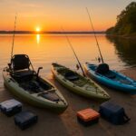 Three fishing kayaks set up on a lakeshore at sunrise, including a pedal kayak, inflatable, and sit-on-top, with rods, crates, and tackle gear laid out.