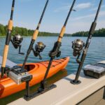 Fishing rod holders on a boat and kayak including clamp-on, flush mount, and gear track styles, with rods and tackle box near a lake.