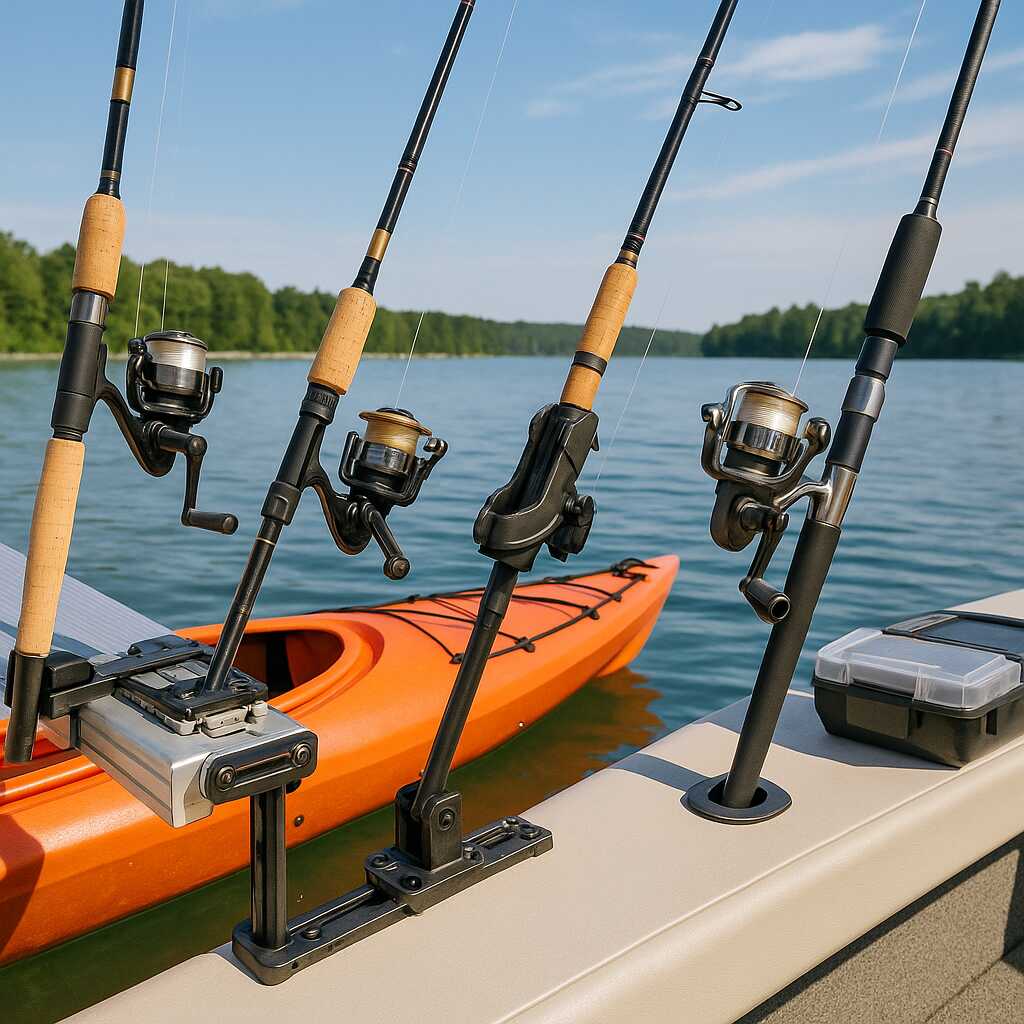 Fishing rod holders on a boat and kayak including clamp-on, flush mount, and gear track styles, with rods and tackle box near a lake.