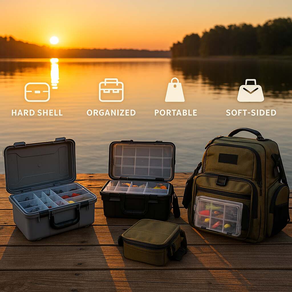 Tackle boxes laid out on a dock at sunrise, including hard cases, soft-sided totes, and backpack models, each labeled with organization icons and gear types.
