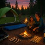 Beginner camping setup with essential gear including a tent, stove, lantern, sleeping bag, and eco utensils in a forest clearing.