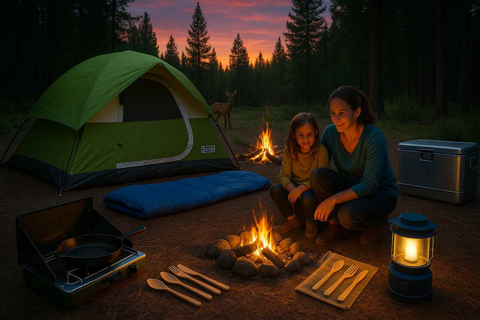 Beginner camping setup with essential gear including a tent, stove, lantern, sleeping bag, and eco utensils in a forest clearing.
