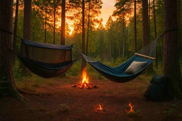 Camping hammocks set up between trees at dusk with bug netting, pillows, and a glowing campfire in the forest.