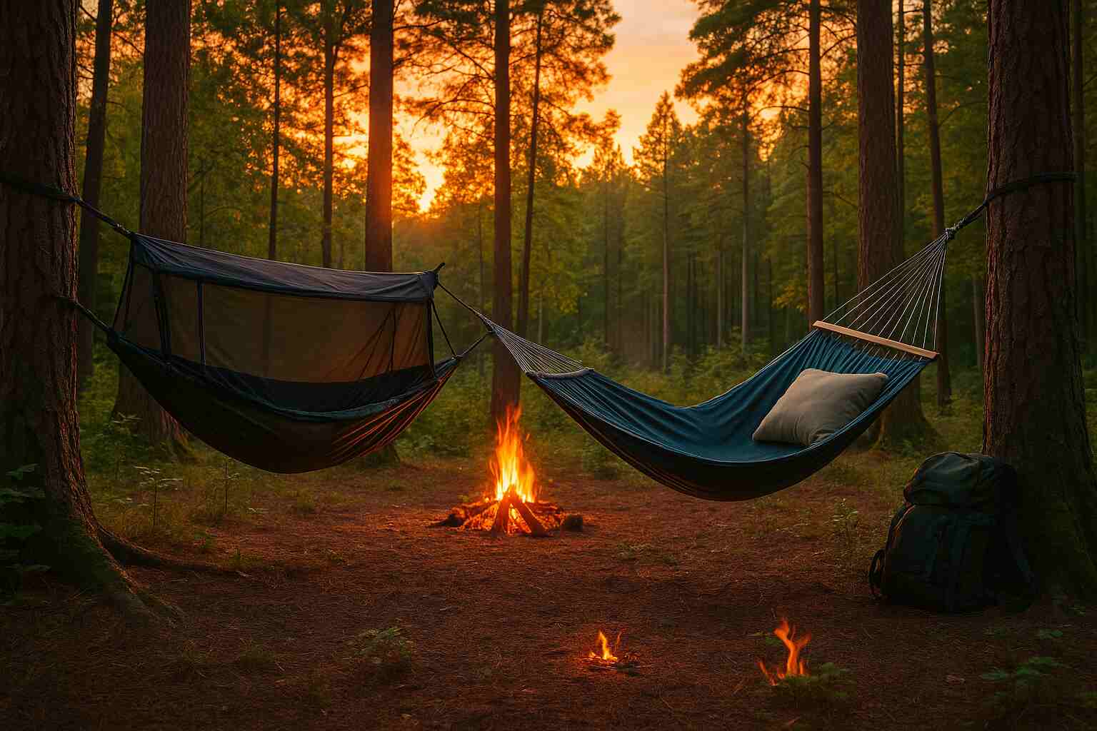 Camping hammocks set up between trees at dusk with bug netting, pillows, and a glowing campfire in the forest.