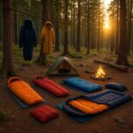 Camping scene with mummy and rectangular sleeping bags near a tent at sunrise, with gear and trees in the background.