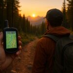 A hiker using a handheld GPS device in the woods with trail and elevation maps on screen during sunrise.