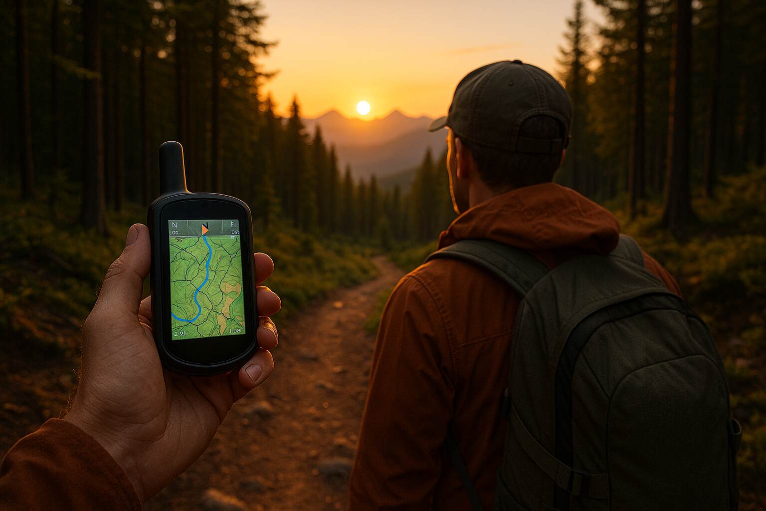 A hiker using a handheld GPS device in the woods with trail and elevation maps on screen during sunrise.