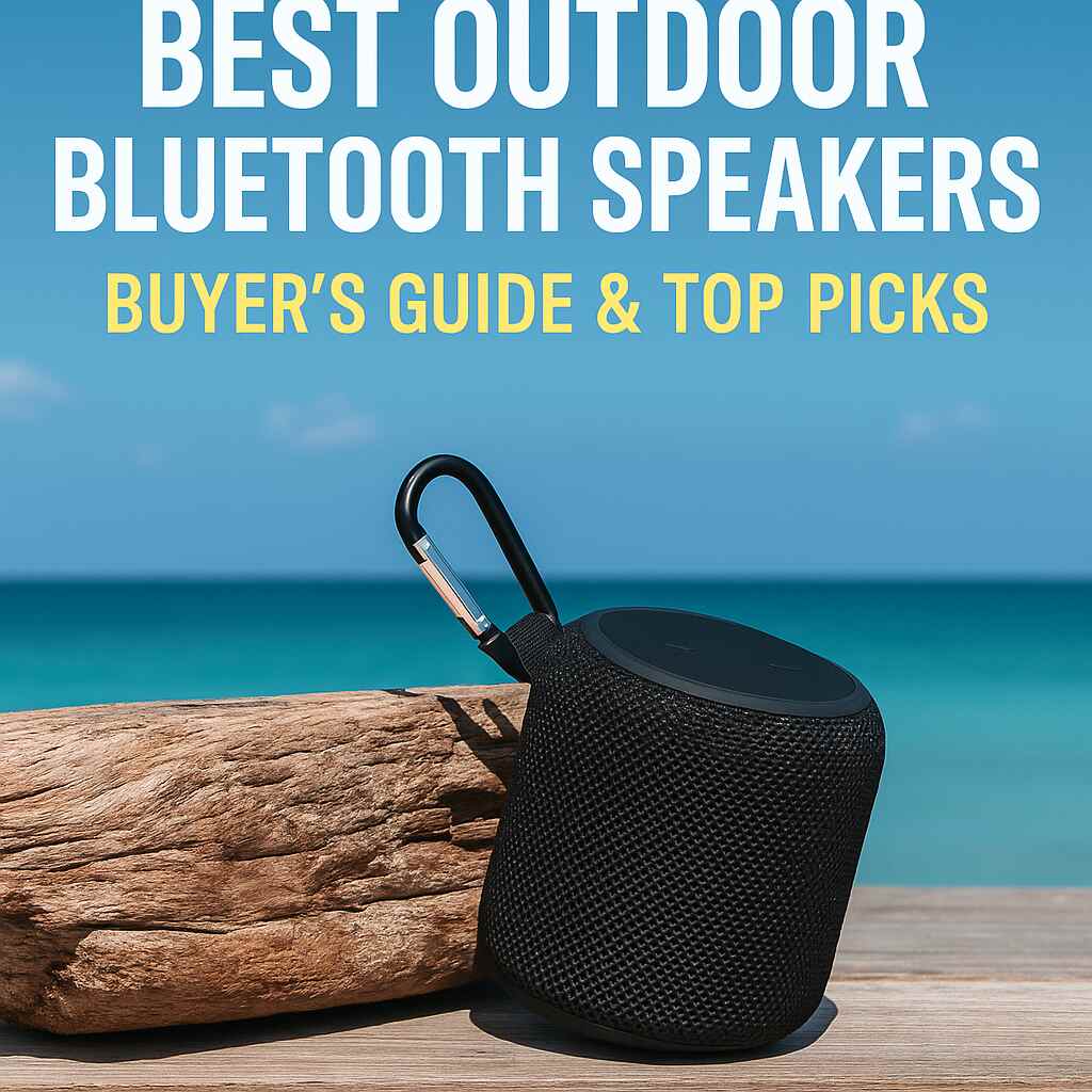 A black rugged outdoor Bluetooth speaker with a carabiner sits on a wooden surface beside a weathered log, with a bright blue ocean and clear sky in the background. Bold white and yellow text reads “Best Outdoor Bluetooth Speakers – Buyer’s Guide & Top Picks.