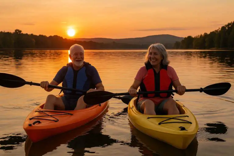 Senior couple kayaking on a peaceful lake in sit-on-top kayaks wearing life jackets, with scenic sunset and forest backdrop.