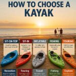 Guide-style infographic showing five types of kayaks—sit-on-top, sit-in, inflatable, fishing, and touring—lined up on a beach at sunrise. Each kayak is labeled with its ideal use, while paddlers are seen selecting and preparing their kayaks near the shoreline.