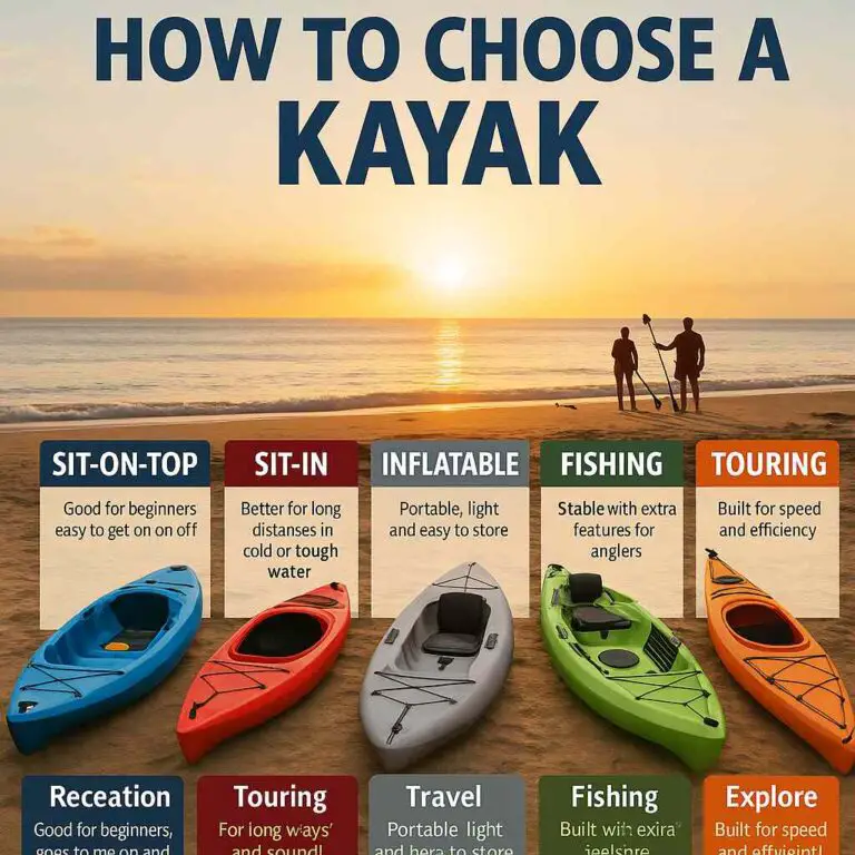 Guide-style infographic showing five types of kayaks—sit-on-top, sit-in, inflatable, fishing, and touring—lined up on a beach at sunrise. Each kayak is labeled with its ideal use, while paddlers are seen selecting and preparing their kayaks near the shoreline.