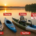 Premium kayaks from Consumer Reports top list displayed by a scenic lake with sunrise, showcasing inflatable, pedal-drive, and touring styles.