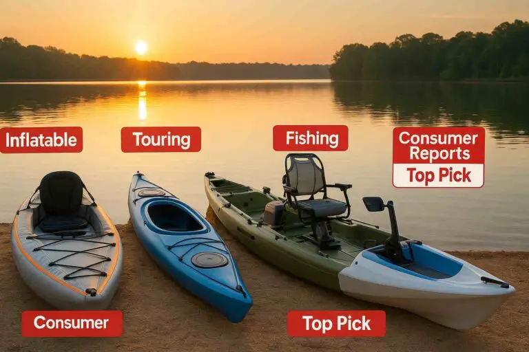 Premium kayaks from Consumer Reports top list displayed by a scenic lake with sunrise, showcasing inflatable, pedal-drive, and touring styles.