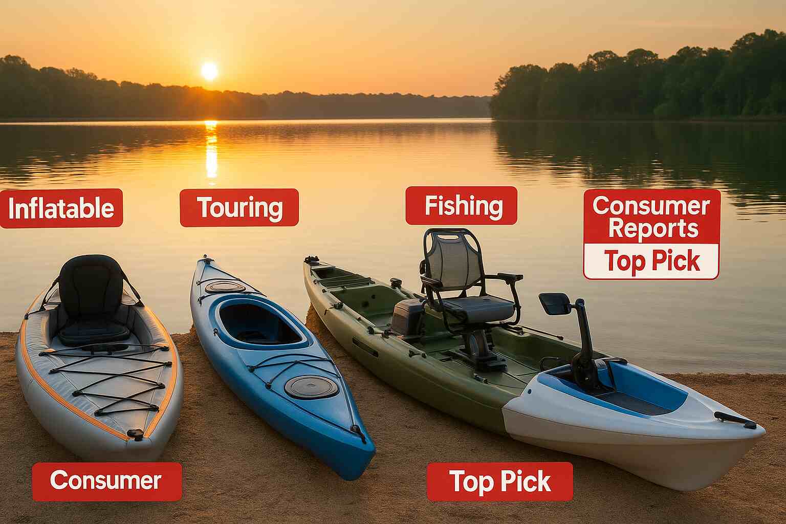 Premium kayaks from Consumer Reports top list displayed by a scenic lake with sunrise, showcasing inflatable, pedal-drive, and touring styles.