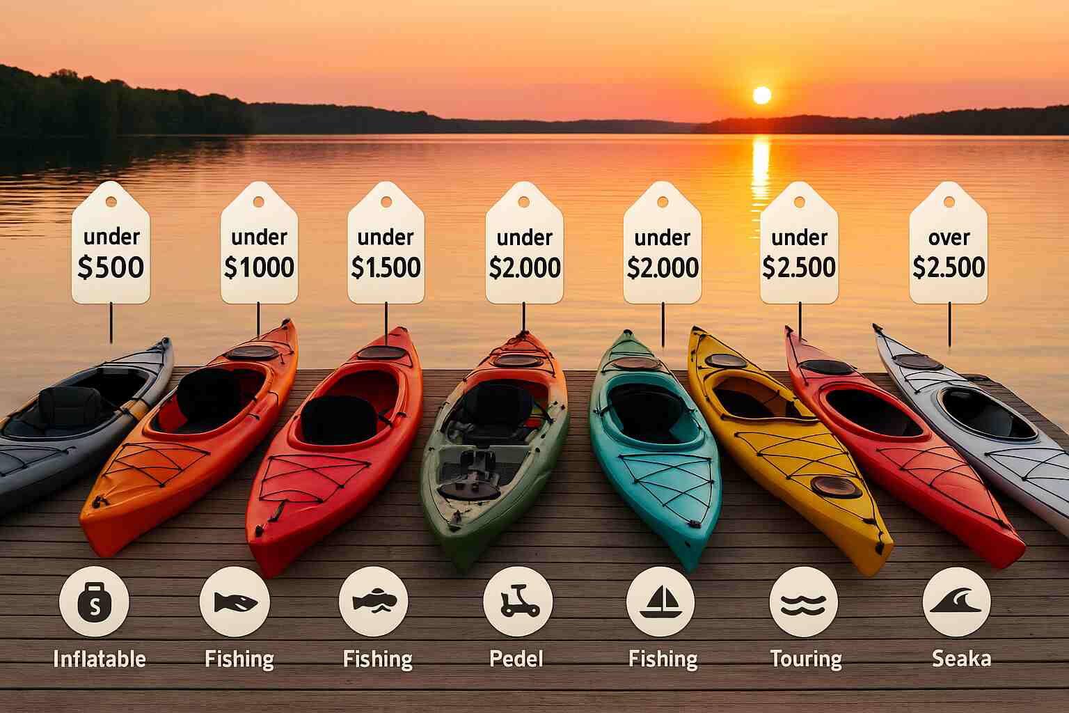 A row of eight kayaks arranged by price on a lakeside dock at sunset, ranging from inflatable to fishing and sea kayaks. Each kayak is labeled with a visible price tag and a performance icon, with calm water and golden sky in the background.